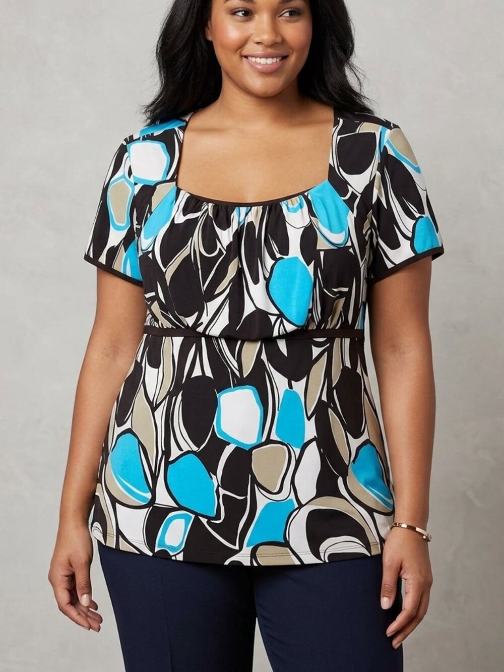 New Directions Geometric Abstract Blouse Blue Brown 1X